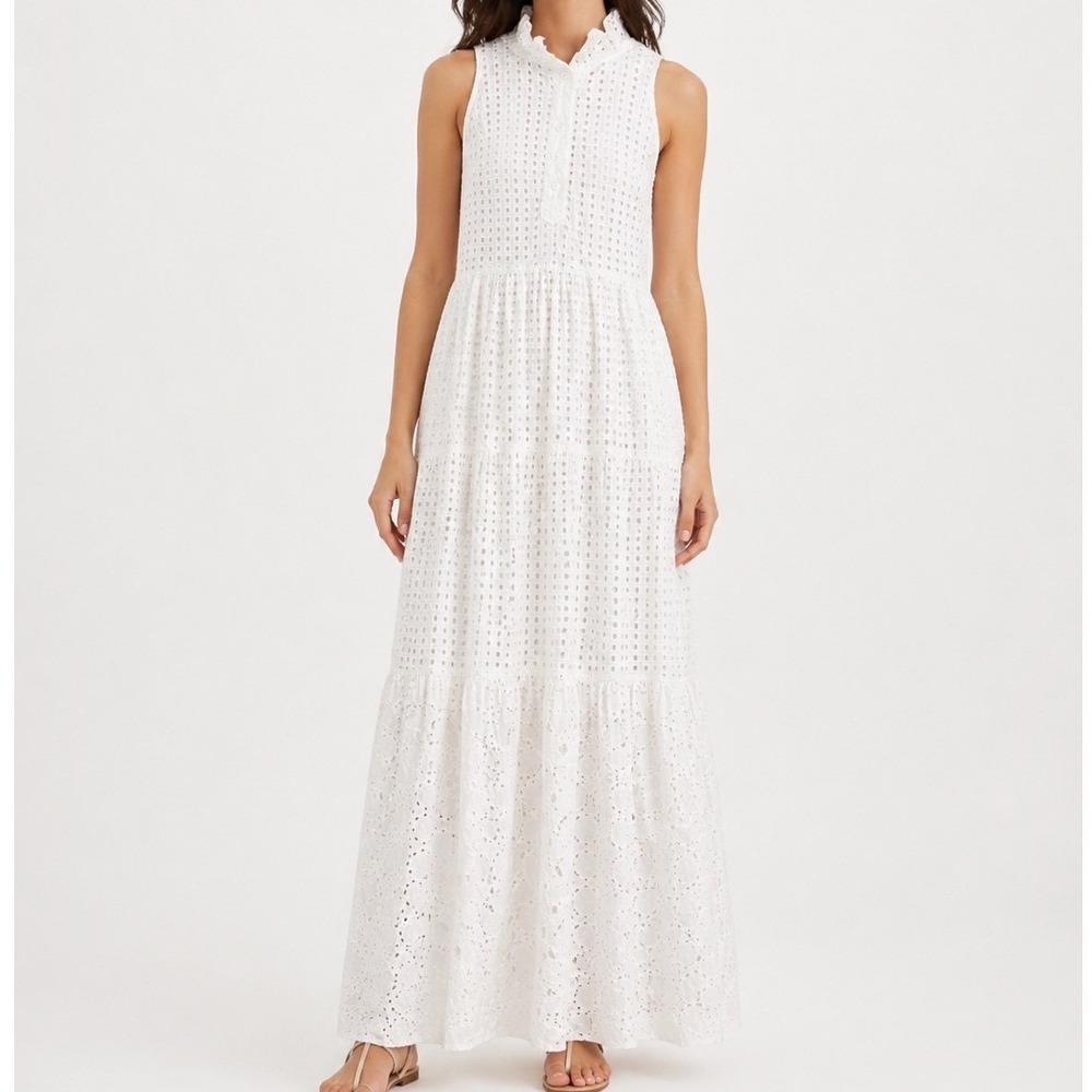 CK Bradley Eyelet Lace Maxi Dress Small White Tiered Ruffle Neck Coastal Resort